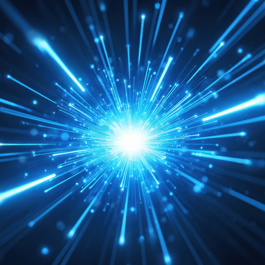 bright blue digital burst of light with glowing data rays radiating outward, representing the rapid expansion of AI-generated content and digital transformation