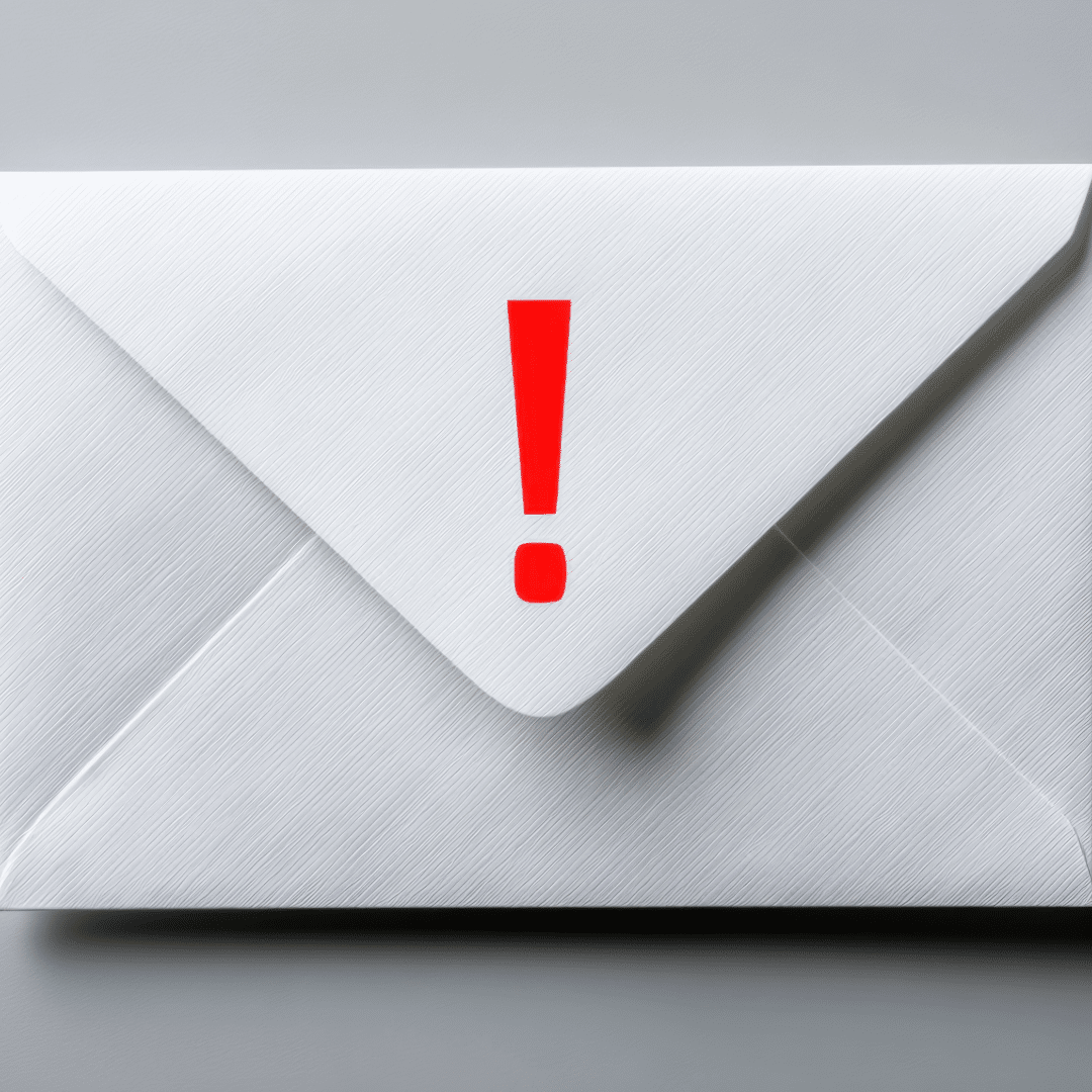 white envelope with red exclamation mark symbolizing urgent brand messaging issues requiring executive attention