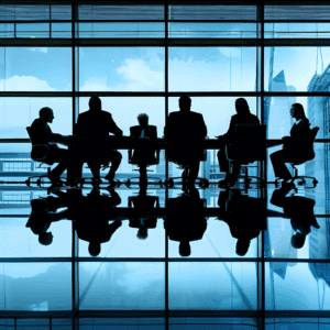 silhouettes of business executives in a boardroom meeting with city skyline view, symbolizing leadership alignment on brand strategy and messaging