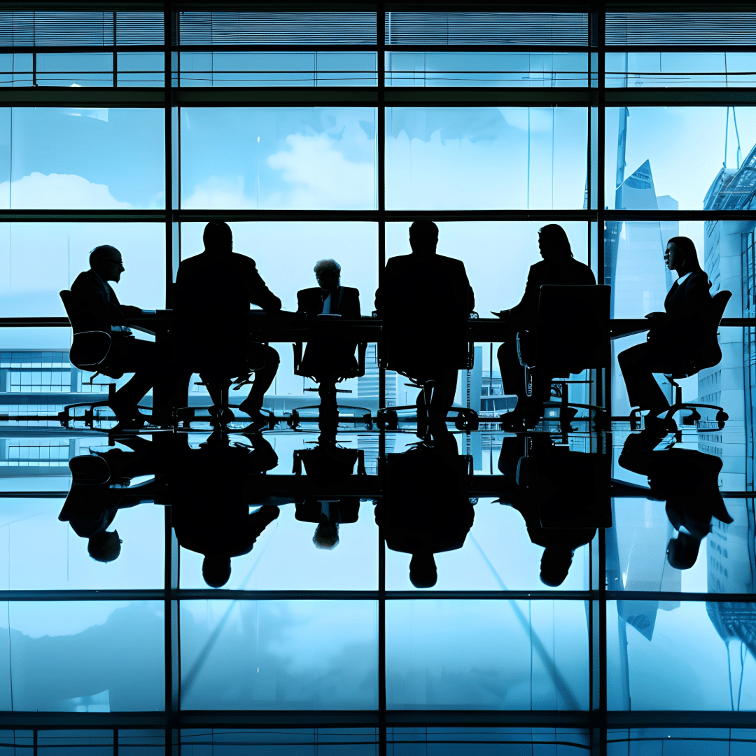 silhouettes of business executives in a boardroom meeting with city skyline view, symbolizing leadership alignment on brand strategy and messaging