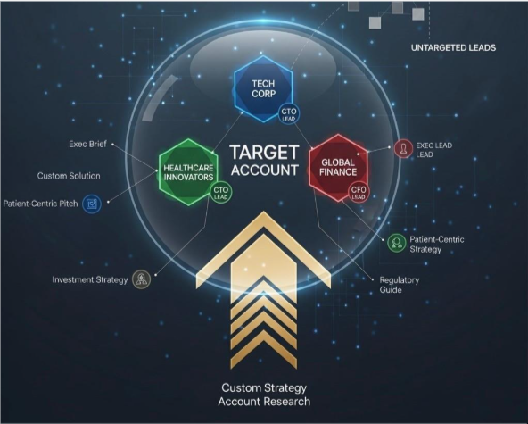 account-based marketing diagram showing target account at center with connected strategies for tech, finance, and healthcare sectors