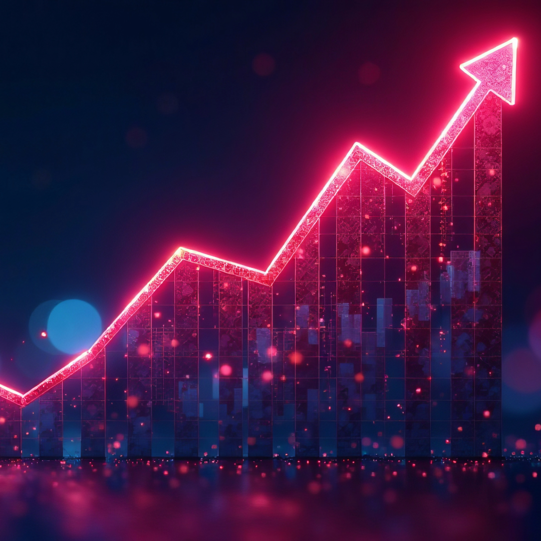 digital chart showing an upward-trending line graph with a glowing arrow rising from left to right, symbolizing growth, performance gains, and positive business outcomes