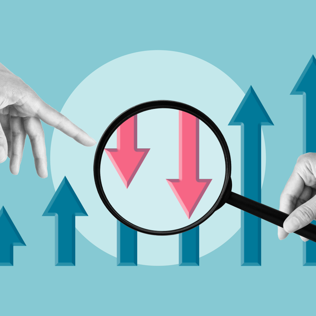 magnifying glass over red downward arrows and blue upward arrows on teal background revealing hidden costs